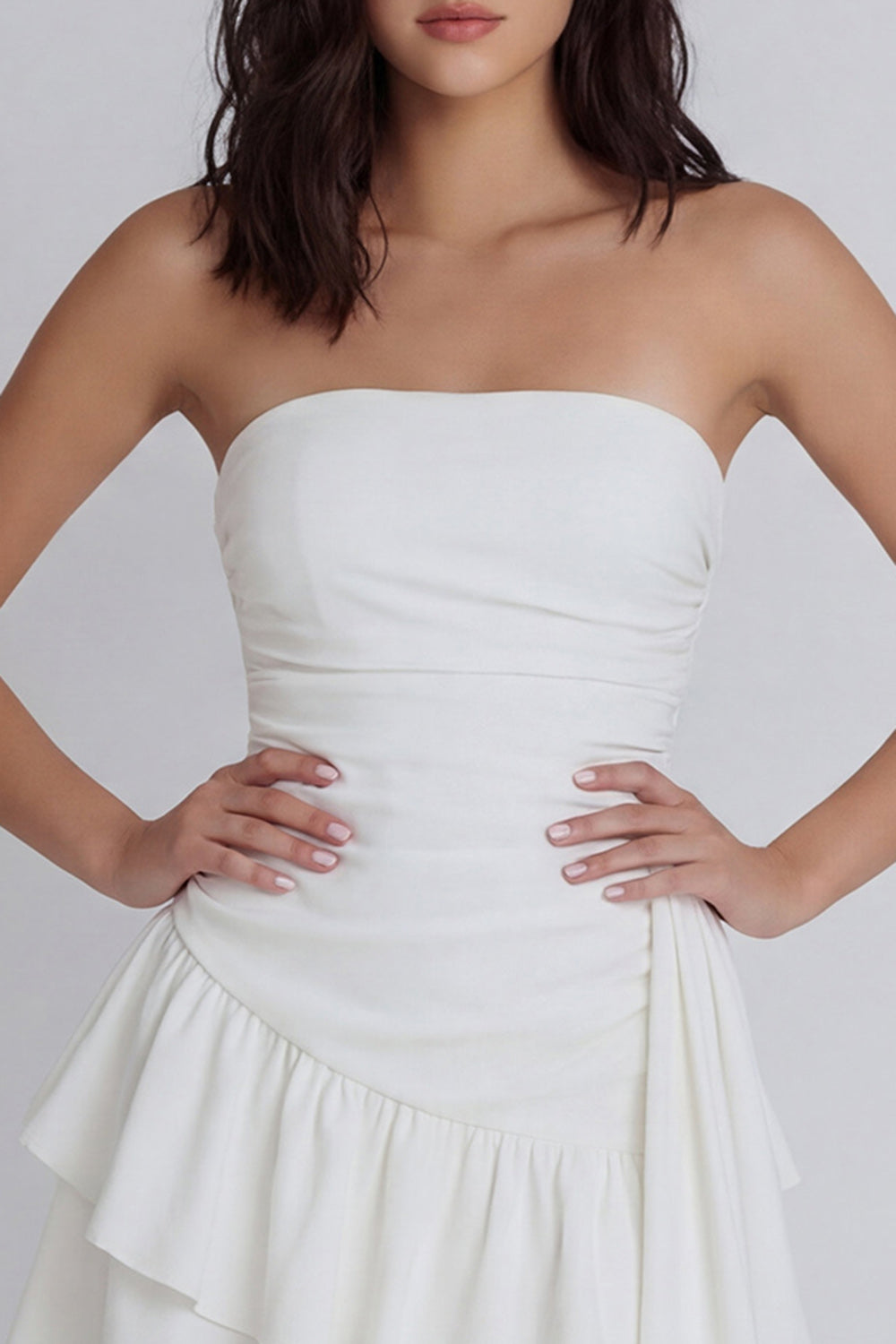Ruched Strapless Ivory Ruffled A Line Short Graduation Dress