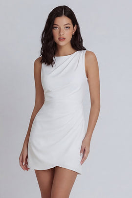 Boat Neck Ruched Ivory Tight Short Graduation Dress
