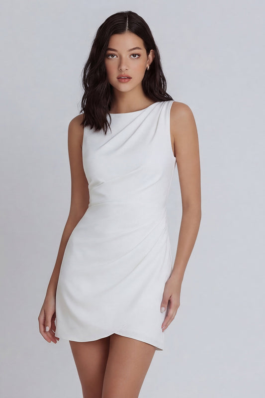 Boat Neck Ruched Ivory Tight Short Graduation Dress