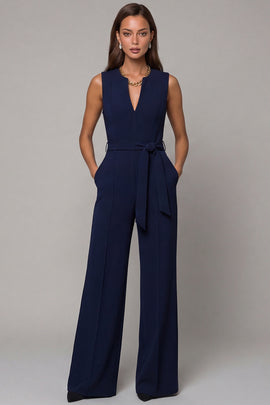 Navy Satin Slim Fit Work Jumpsuits with Pockets