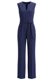 Navy Satin Slim Fit Work Jumpsuits with Pockets