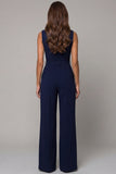 Navy Satin Slim Fit Work Jumpsuits with Pockets