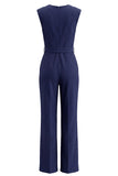 Navy Satin Slim Fit Work Jumpsuits with Pockets