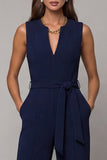 Navy Satin Slim Fit Work Jumpsuits with Pockets