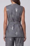 Sparkly Dark Grey Sequin Shawl Lapel 2 Piece Business Suits with Belt