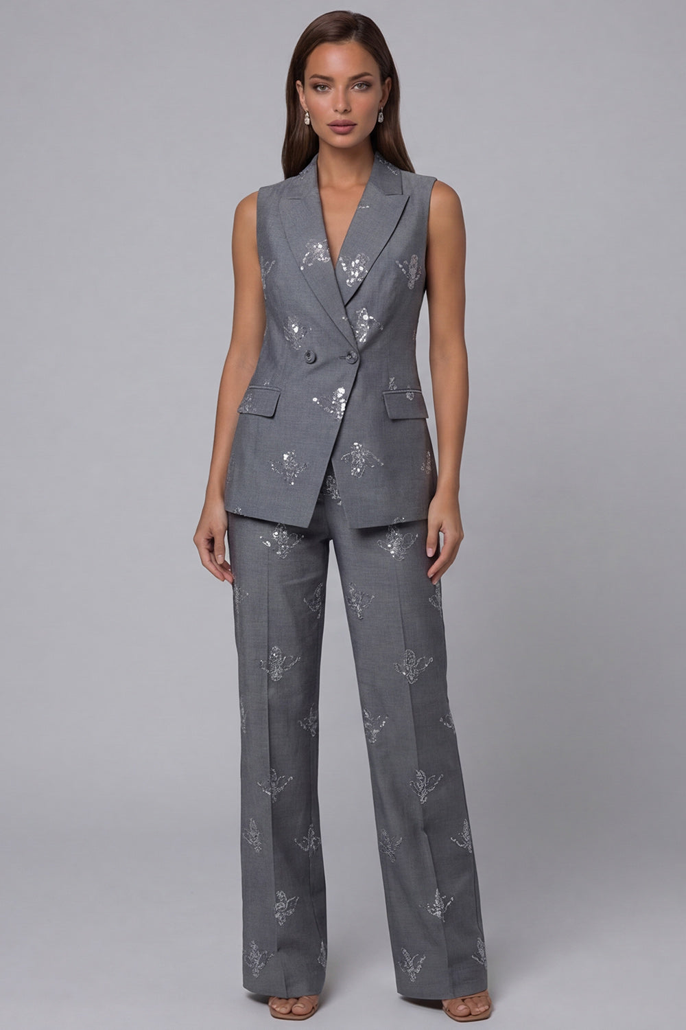 Double Breasted Peak Lapel 2 Piece Sparkly Dark Grey Sequin Business Suits