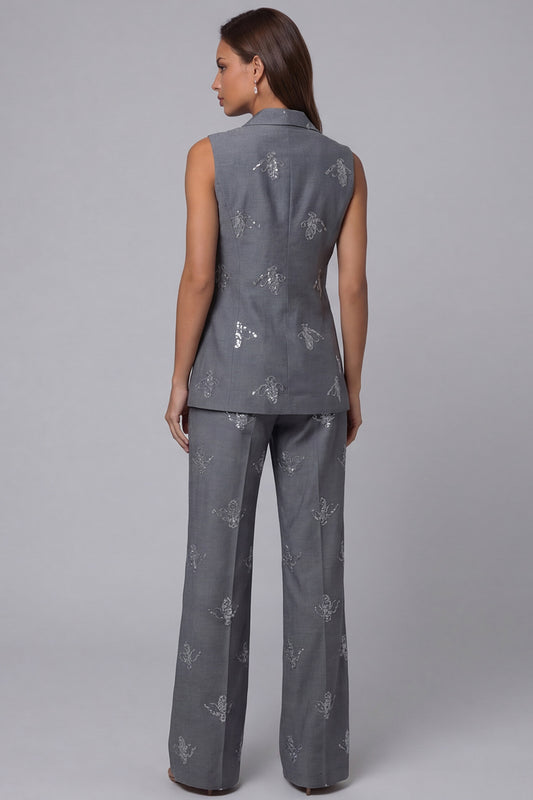 Double Breasted Peak Lapel 2 Piece Sparkly Dark Grey Sequin Business Suits