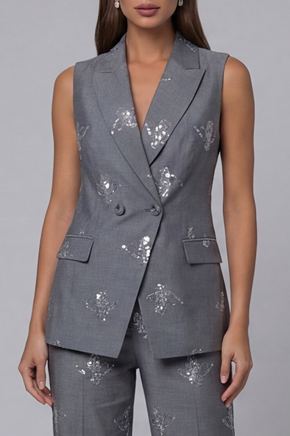 Double Breasted Peak Lapel 2 Piece Sparkly Dark Grey Sequin Business Suits