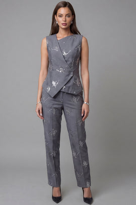 Single Breasted 2 Piece Sparkly Dark Grey Sequin Business Suits