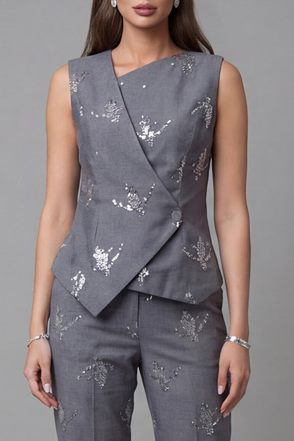 Single Breasted 2 Piece Sparkly Dark Grey Sequin Business Suits
