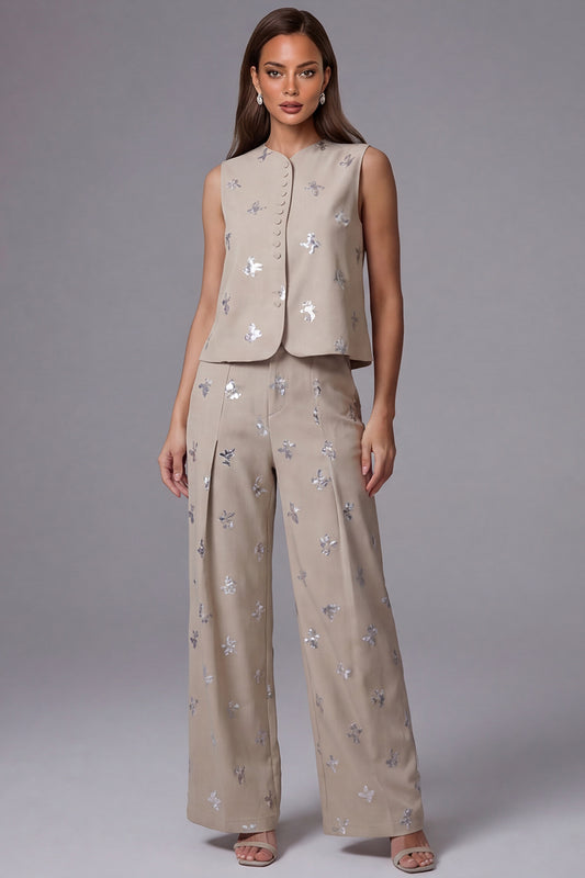 2 Piece Sparkly Khaki Single Breasted Sequin Business Suits