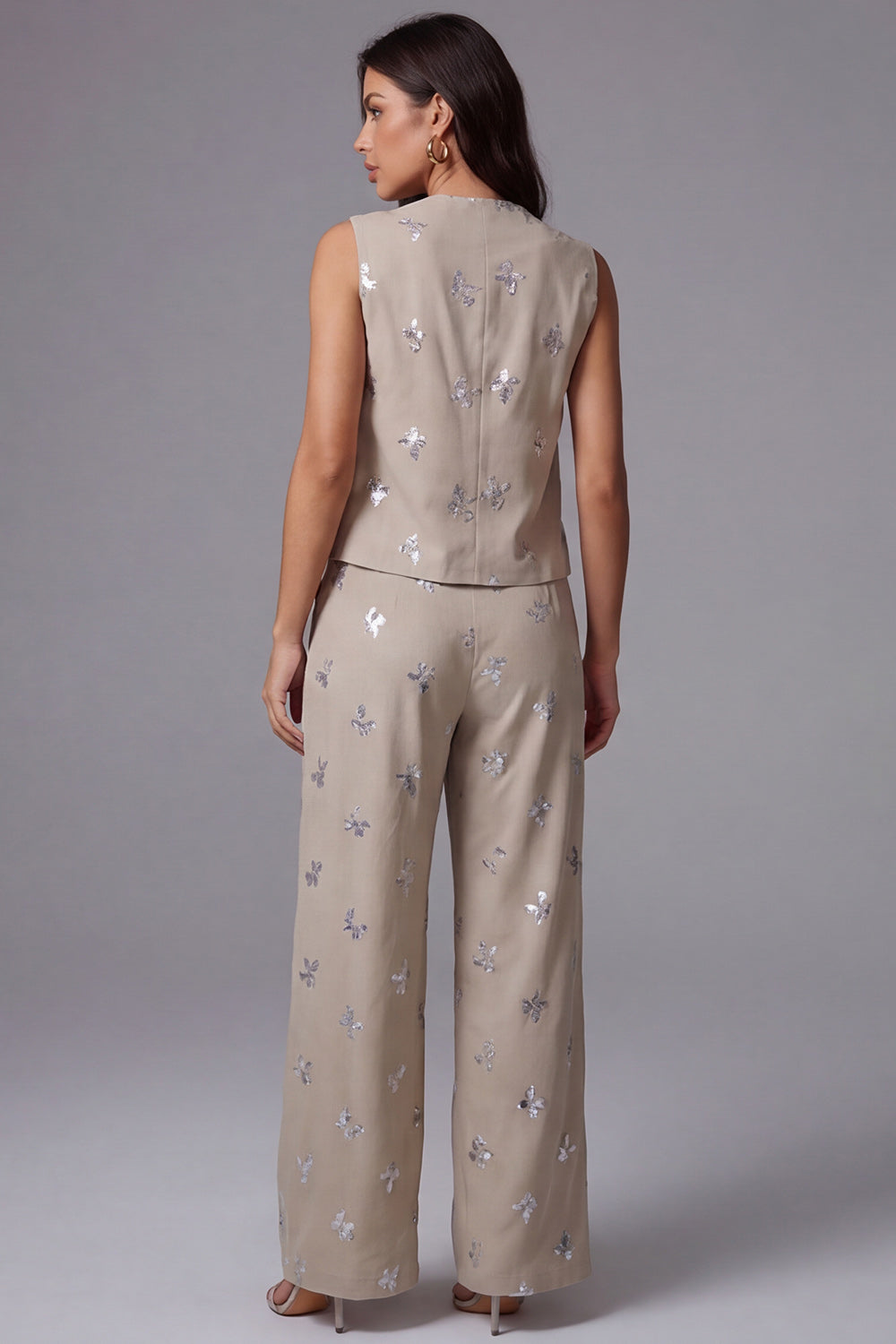 2 Piece Sparkly Khaki Single Breasted Sequin Business Suits