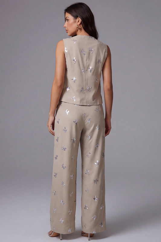 2 Piece Sparkly Khaki Single Breasted Sequin Business Suits