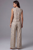 2 Piece Sparkly Khaki Single Breasted Sequin Business Suits