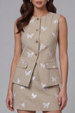2 Piece Khaki Single Breasted Round Neck Butterflies Business Suits