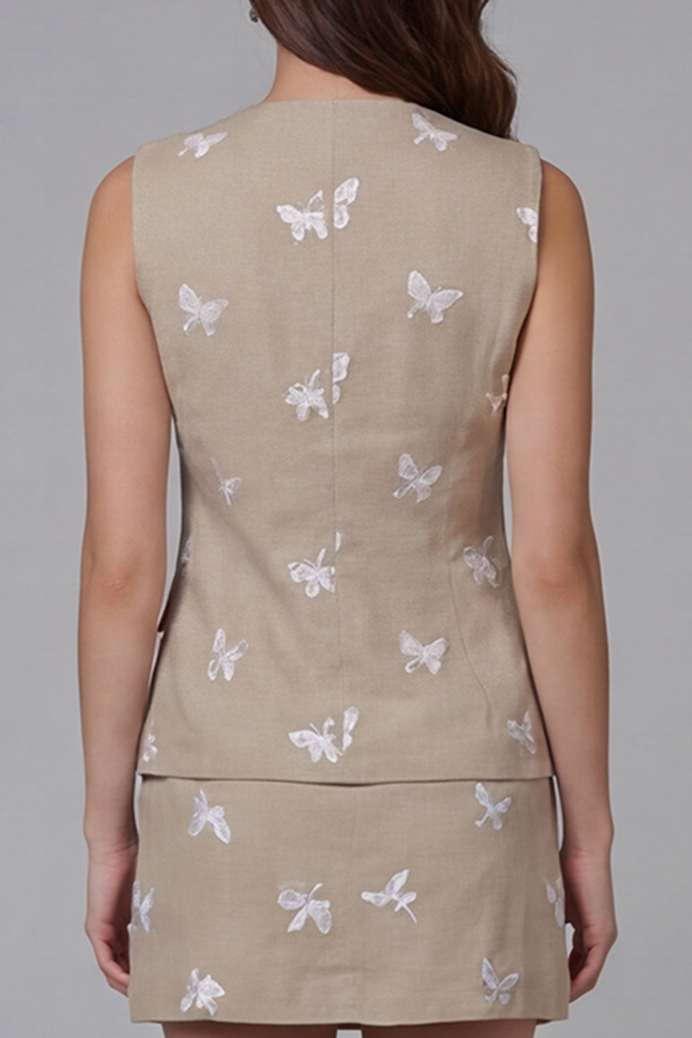 2 Piece Khaki Single Breasted Round Neck Butterflies Business Suits