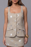 Single Breasted 2 Piece Sparkly Khaki Square Neck Sequin Business Suits