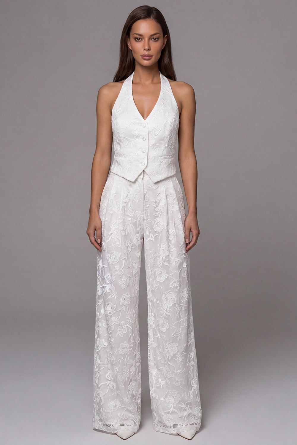 Halter Single Breasted 2 Piece Ivory Lace Floral Business Suits