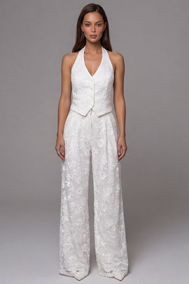Halter Single Breasted 2 Piece Ivory Lace Floral Business Suits