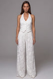 Halter Single Breasted 2 Piece Ivory Lace Floral Business Suits