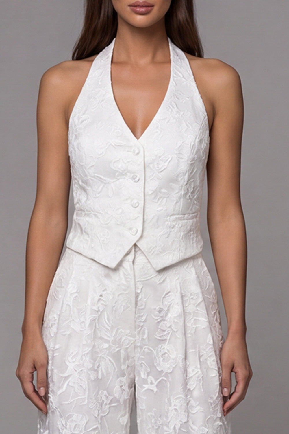 Halter Single Breasted 2 Piece Ivory Lace Floral Business Suits