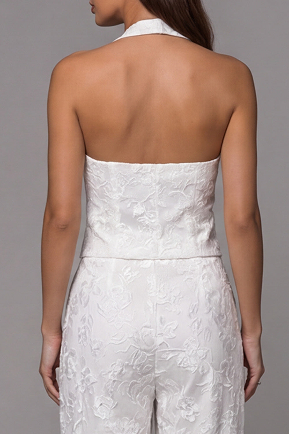 Halter Single Breasted 2 Piece Ivory Lace Floral Business Suits