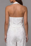 Halter Single Breasted 2 Piece Ivory Lace Floral Business Suits