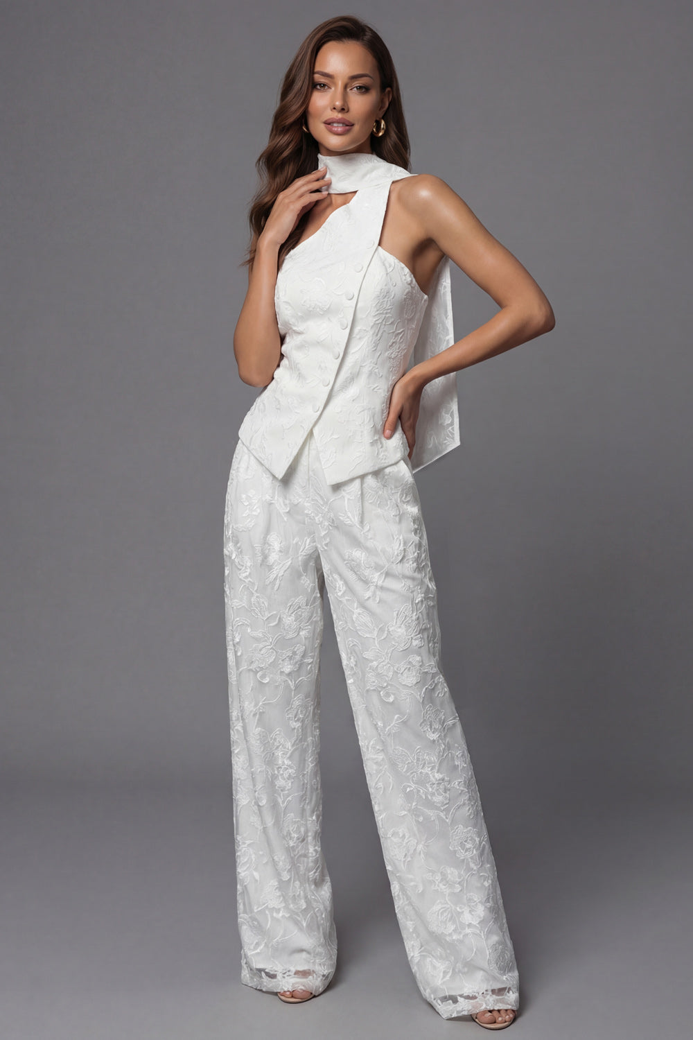 Single Breasted One Shoulder 2 Piece Ivory Lace Floral Business Suits