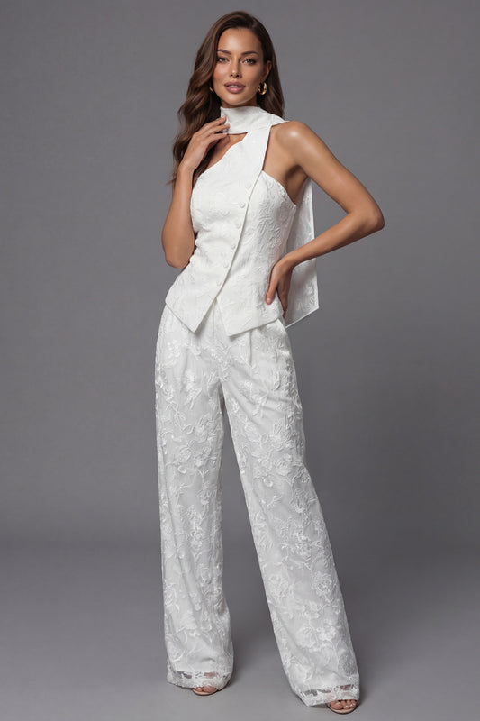 Single Breasted One Shoulder 2 Piece Ivory Lace Floral Business Suits