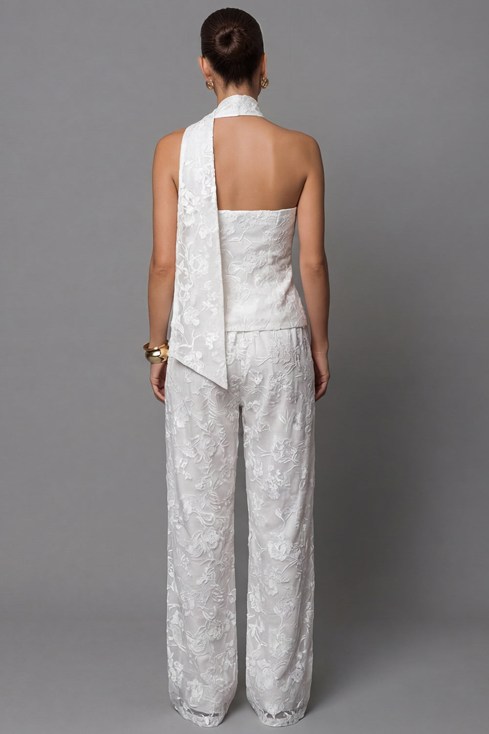 Single Breasted One Shoulder 2 Piece Ivory Lace Floral Business Suits