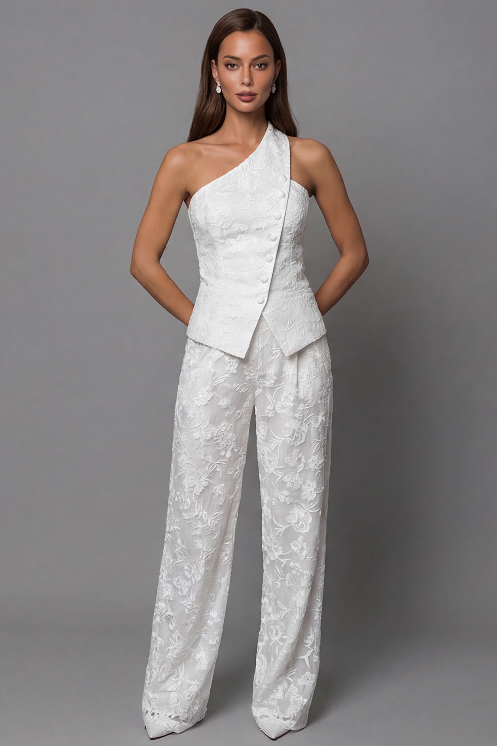 Single Breasted One Shoulder 2 Piece Ivory Lace Floral Business Suits