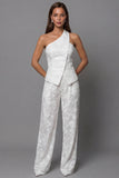 Single Breasted One Shoulder 2 Piece Ivory Lace Floral Business Suits