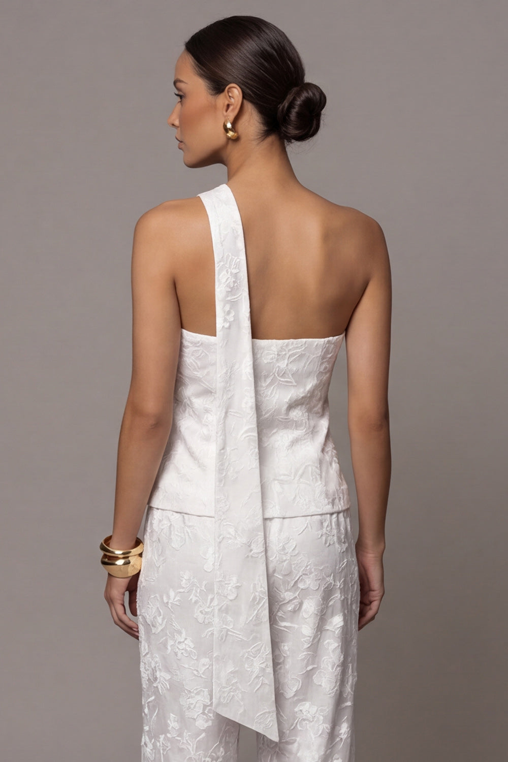 Single Breasted One Shoulder 2 Piece Ivory Lace Floral Business Suits
