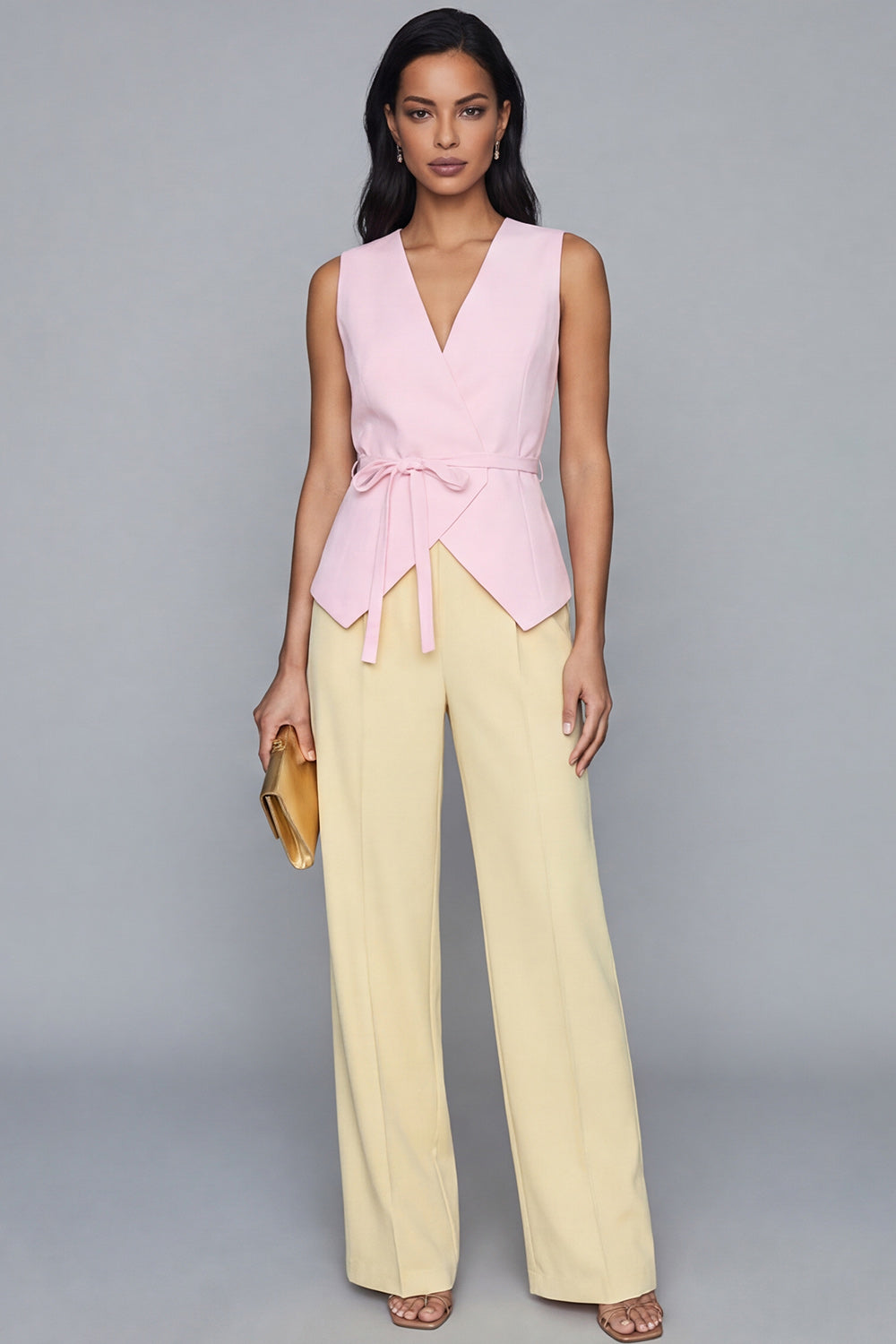Pink and Butter Yellow Shawl Lapel 2 Piece Business Suits with Sash