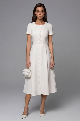 Simple Ivory Long A Line Short Sleeves Work Dress