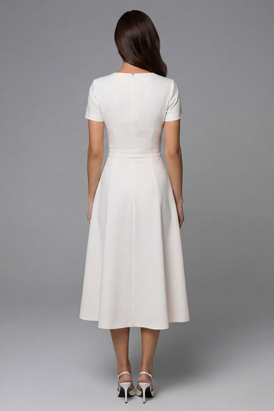 Simple Ivory Long A Line Short Sleeves Work Dress
