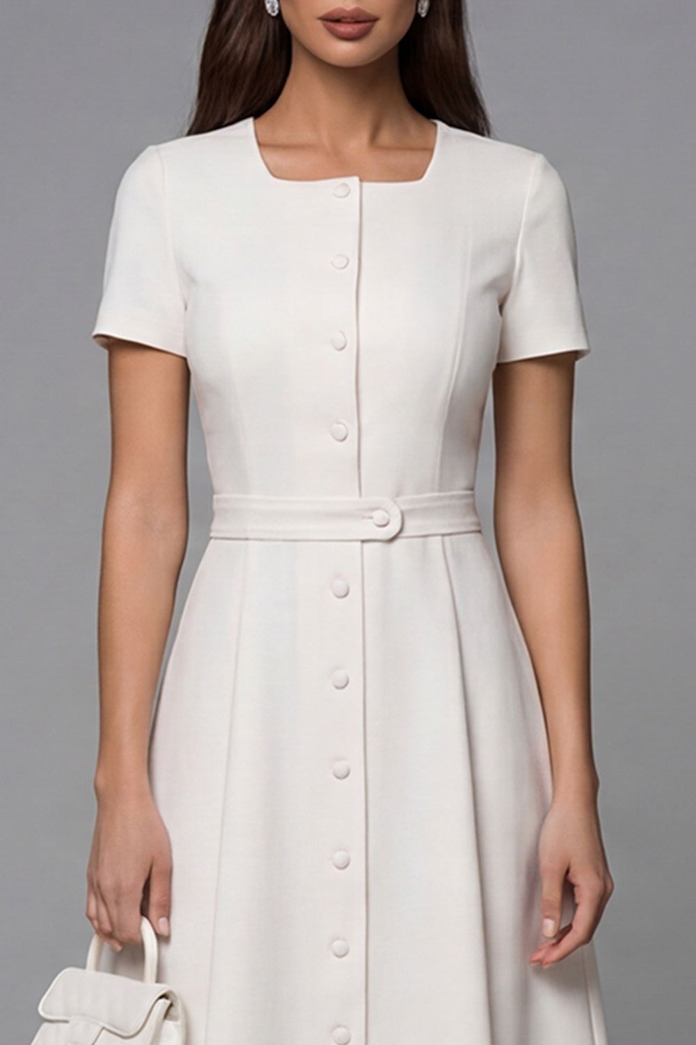 Simple Ivory Long A Line Short Sleeves Work Dress