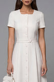 Simple Ivory Long A Line Short Sleeves Work Dress