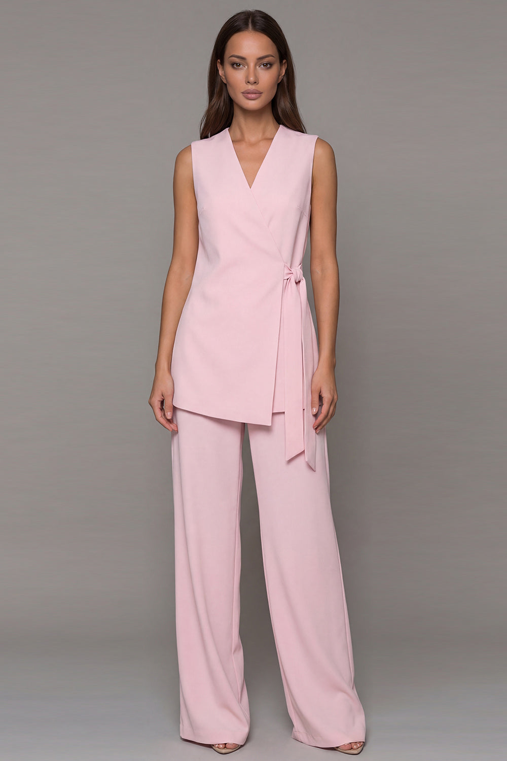 Pink Shawl Lapel 2 Piece Wide Leg Business Suits with Sash