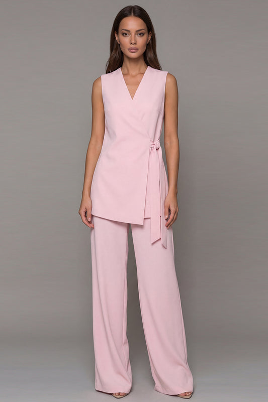 Pink Shawl Lapel 2 Piece Wide Leg Business Suits with Sash