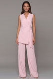 Pink Shawl Lapel 2 Piece Wide Leg Business Suits with Sash
