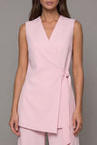 Pink Shawl Lapel 2 Piece Wide Leg Business Suits with Sash