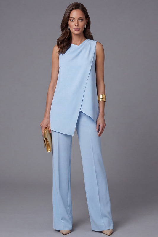 Sky Blue 2 Piece Asymmetrical Hem Business Suits