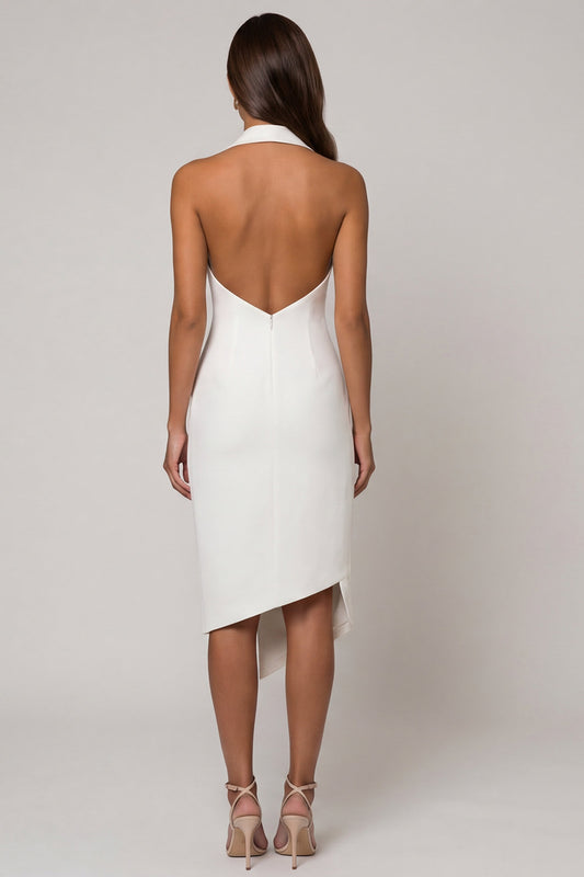 Double Breasted Midi Backless Halter White Slim Fit Blazer Dress