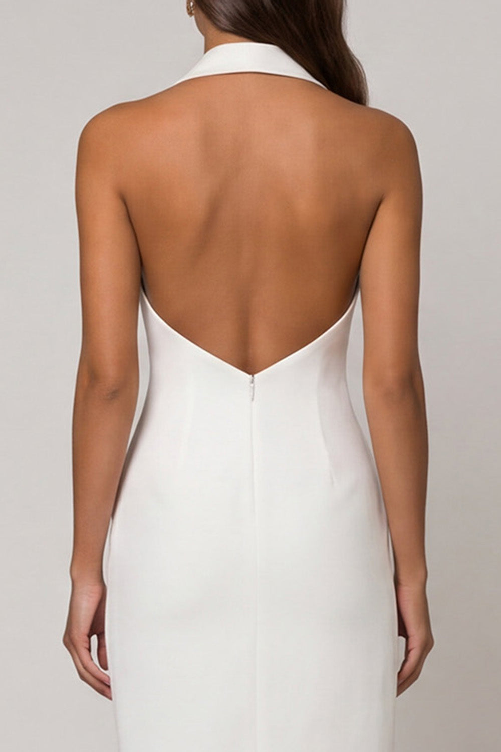 Double Breasted Midi Backless Halter White Slim Fit Blazer Dress