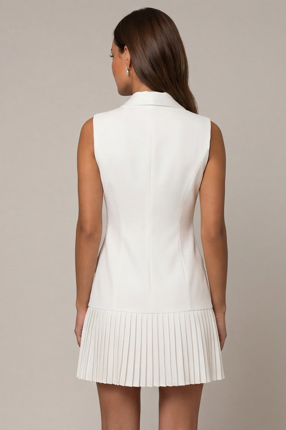 Shawl Lapel Double Breasted White Blazer Dress with Pleats