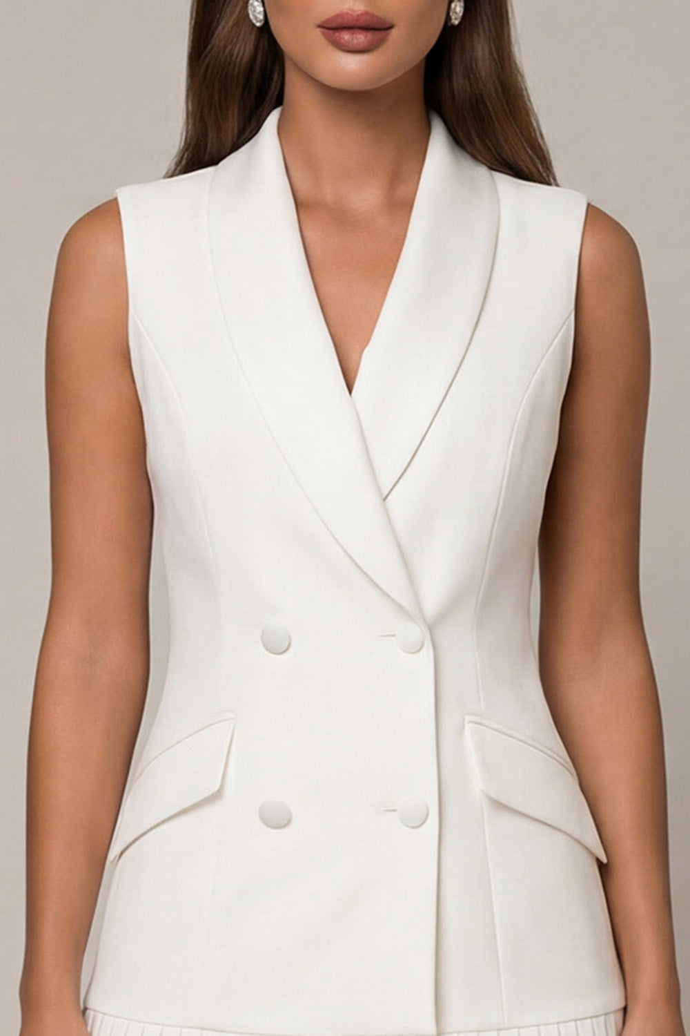Shawl Lapel Double Breasted White Blazer Dress with Pleats