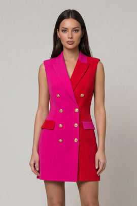 Fuchsia and Red Double Breasted Peak Lapel Color Block Patchwork Short Slim Fit Blazer Dress
