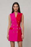 Fuchsia and Red Double Breasted Peak Lapel Color Block Patchwork Short Slim Fit Blazer Dress