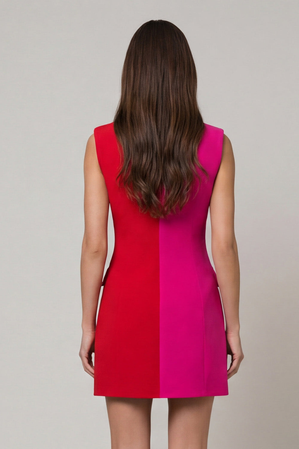 Fuchsia and Red Double Breasted Peak Lapel Color Block Patchwork Short Slim Fit Blazer Dress